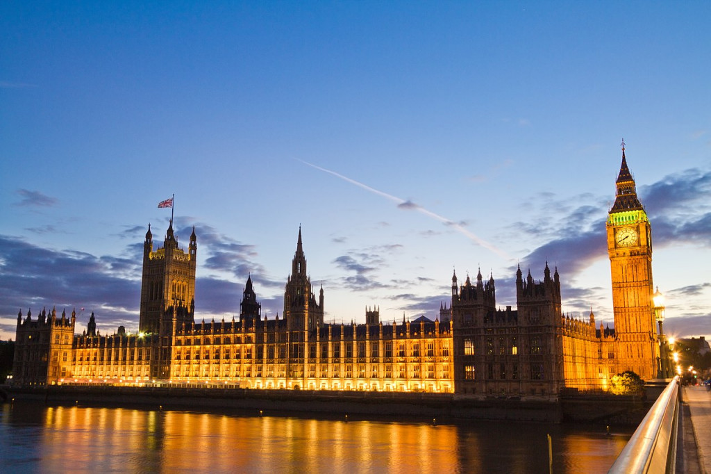 Palace of Westminster lit up in the evening.